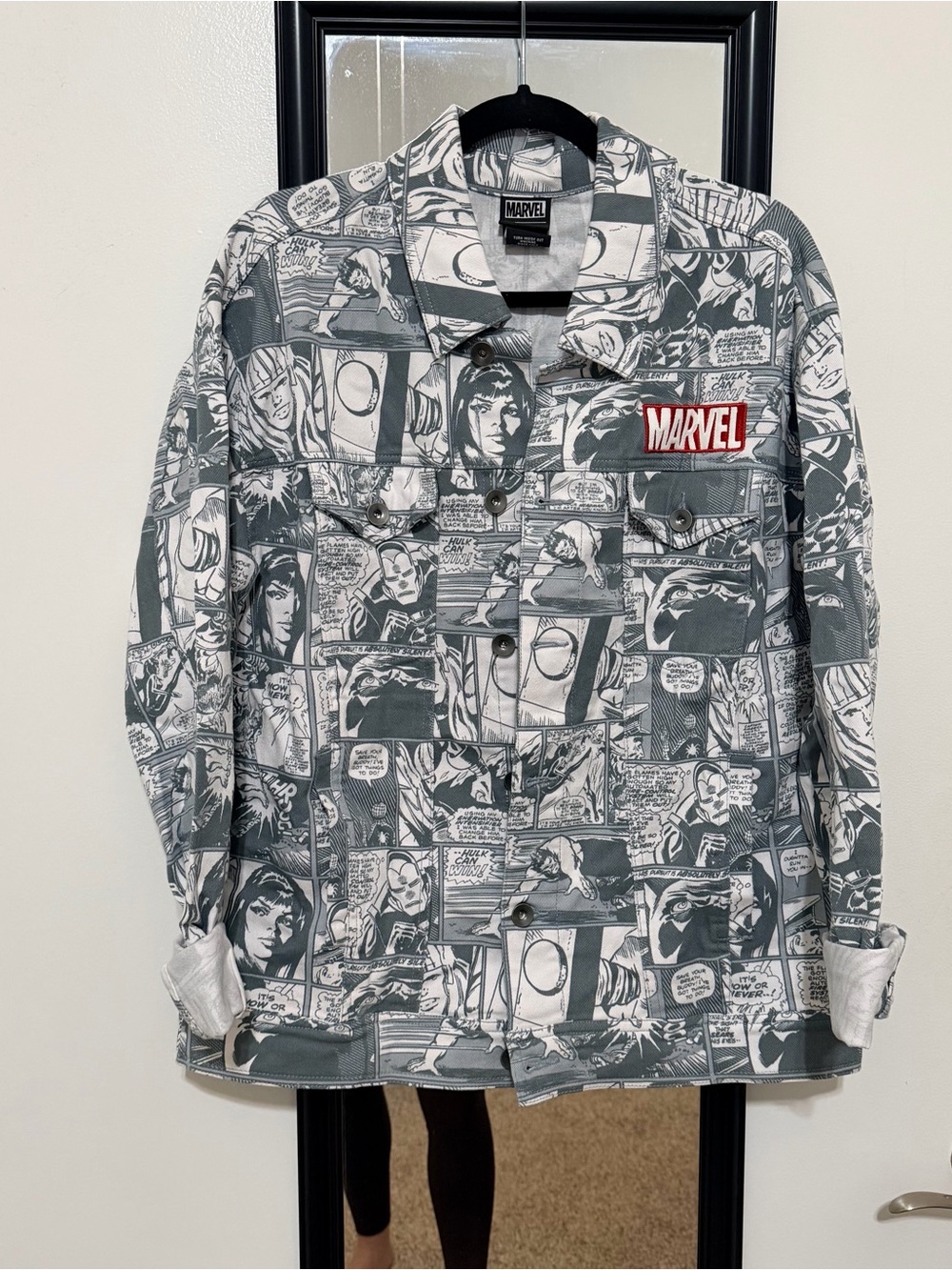 Marvel Black & White Comic Panel Shirt Jacket with Red Logo Patch